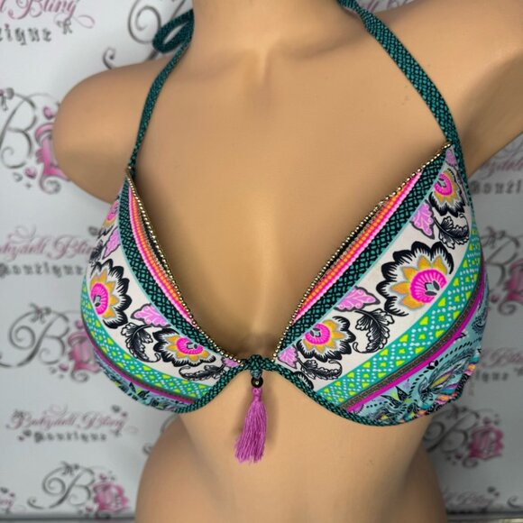 Shade & shore bikini top paisley print tassle bright dotted gold beads 34DD boho - Picture 9 of 13